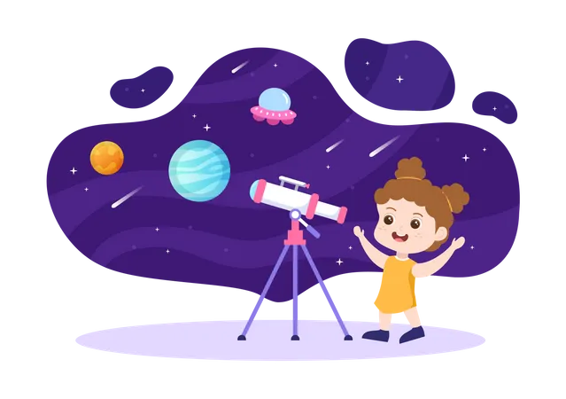 Petite fille regardant dans un télescope  Illustration