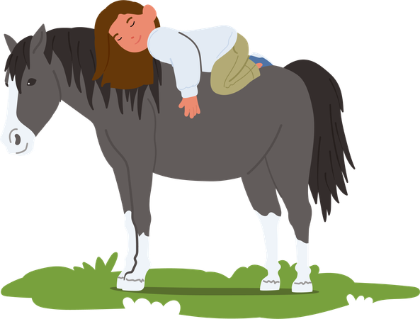 Une petite fille est allongée sur un cheval dans un champ d'été ensoleillé  Illustration