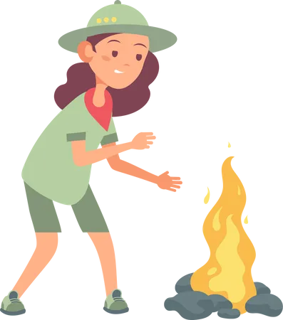 Petite fille scoute debout près du feu de camp  Illustration