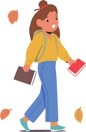Petite fille marche avec des livres en mains  Illustration