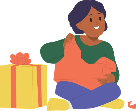 Petite fille souriante ouvrant la boîte à cadeaux déballant les cadeaux d'anniversaire  Illustration