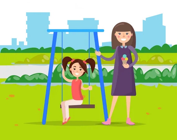 Petite fille sur des balançoires dans le parc avec sa mère  Illustration