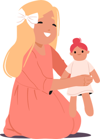 Petite jolie fille jouant à la poupée se sentant heureuse et joyeuse assise sur le sol  Illustration