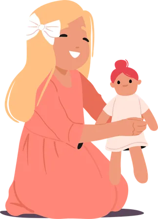 Petite jolie fille jouant à la poupée se sentant heureuse et joyeuse assise sur le sol  Illustration