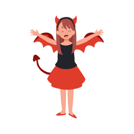 Petite fille mignonne en costumes d'Halloween en diable rouge  Illustration
