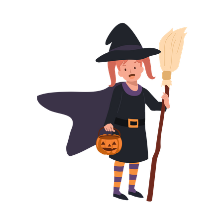Petite fille mignonne en costumes d'Halloween comme sorcière  Illustration