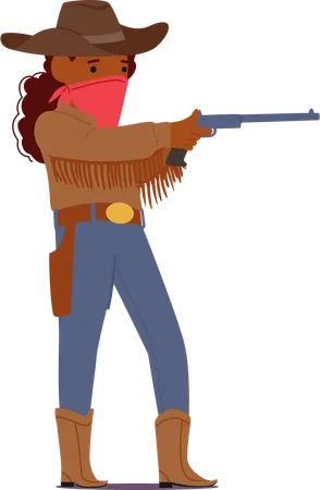 Petite Outlaw Girl With A Bandana Masked Face Brandishes A Toy Six Shooter Embodying The Spirit Of A Mischievous Kid Playing Cowboy In An Adventurous Heist Fantasy Cartoon Vector Illustration Illustration