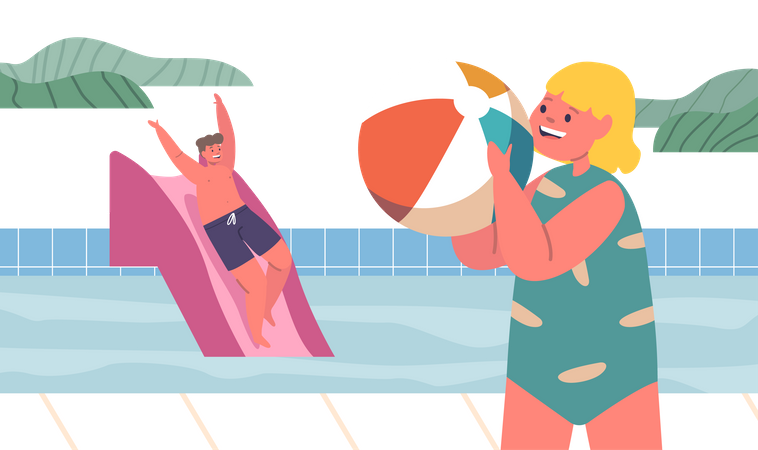 Petits enfants éclaboussant joyeusement et jouant dans la piscine  Illustration