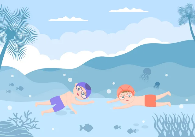 Petits enfants nageant sous l'eau  Illustration