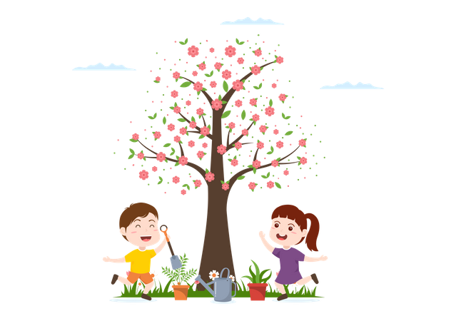 Des petits enfants plantent des arbres  Illustration