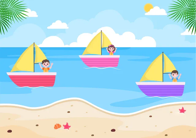 Petits enfants naviguant en bateau  Illustration