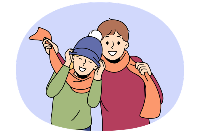 Petits garçons portant des chapeaux et des écharpes d'hiver se réjouissant du début de l'hiver et se préparant à une promenade dans le parc  Illustration