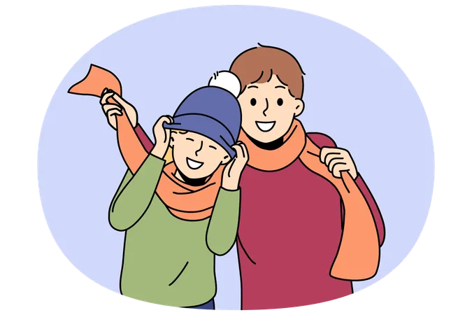 Petits garçons portant des chapeaux et des écharpes d'hiver se réjouissant du début de l'hiver et se préparant à une promenade dans le parc  Illustration