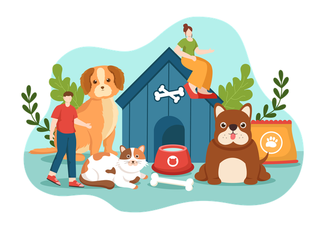 Pets are having fun in garden  Illustration