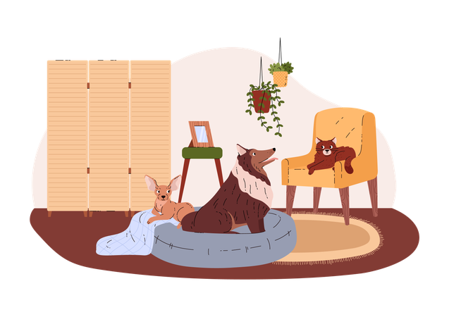 Pets relaxing at home  Illustration