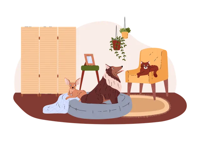 Pets relaxing at home  Illustration