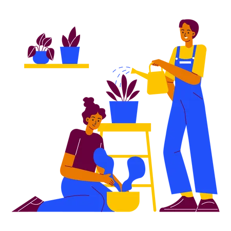 Pflanzenpflege mit Freunden  Illustration
