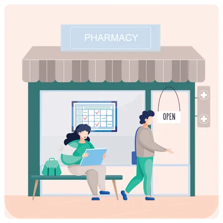 Femme assise à l'extérieur de la pharmacie  Illustration