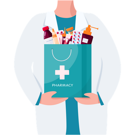 Pharmacien debout et tenant un sac de médicaments  Illustration