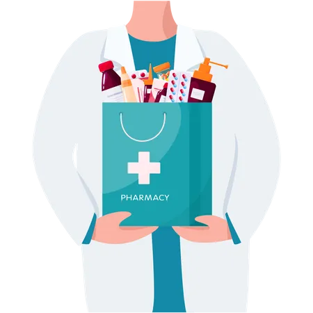 Pharmacien debout et tenant un sac de médicaments  Illustration