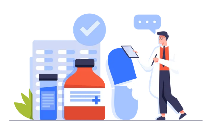 Pharmacist checking Medicaments in Pharmacy Store Illustration