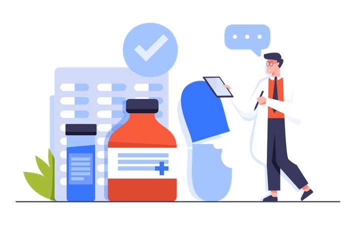 Pharmacist checking Medicaments in Pharmacy Store  Illustration