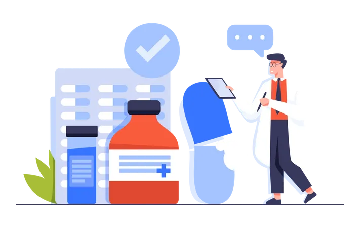 Pharmacist checking Medicaments in Pharmacy Store  Illustration