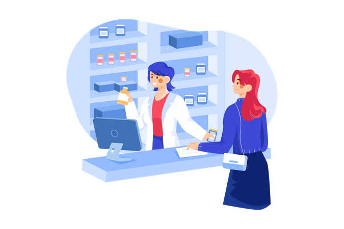 Pharmacist giving medicines according to prescription Illustration