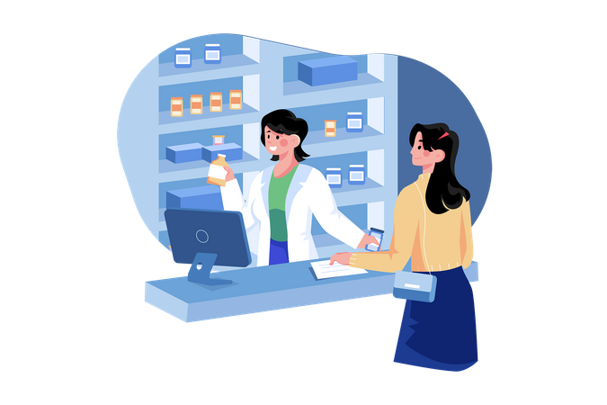 Pharmacist giving medicines according to prescription  Illustration