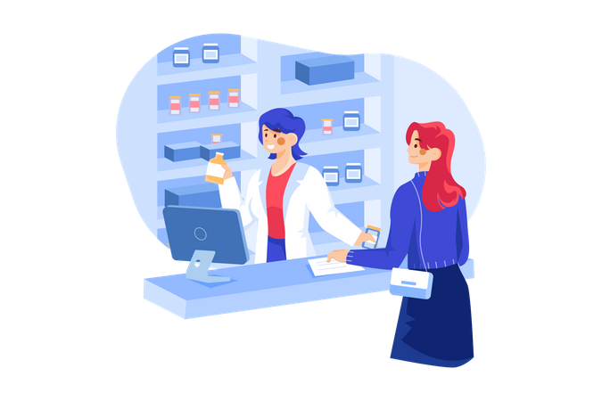 Pharmacist giving medicines according to prescription  Illustration