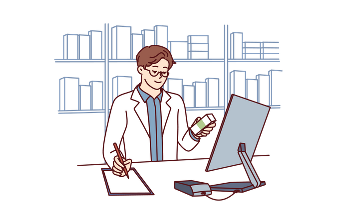 Pharmacist in medical coat stands behind counter in pharmacy and prescribes prescription drugs  Illustration