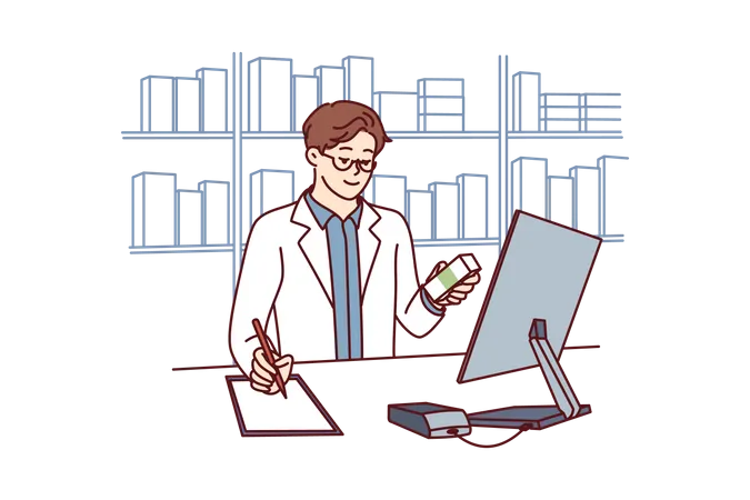 Pharmacist in medical coat stands behind counter in pharmacy and prescribes prescription drugs  Illustration