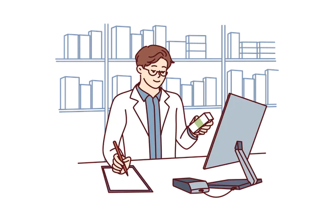 Man Pharmacist In White Medical Coat Stands Behind Counter In Pharmacy And Prescribes Prescription Drugs To Patients Pharmacy Employee Makes Notes In Notebook Choosing Antibiotics Or Vitamins Illustration