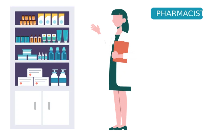 Pharmacist Pointing At Medicines In Cabinet  Illustration