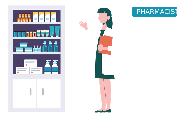 Pharmacist Pointing At Medicines In Cabinet  Illustration