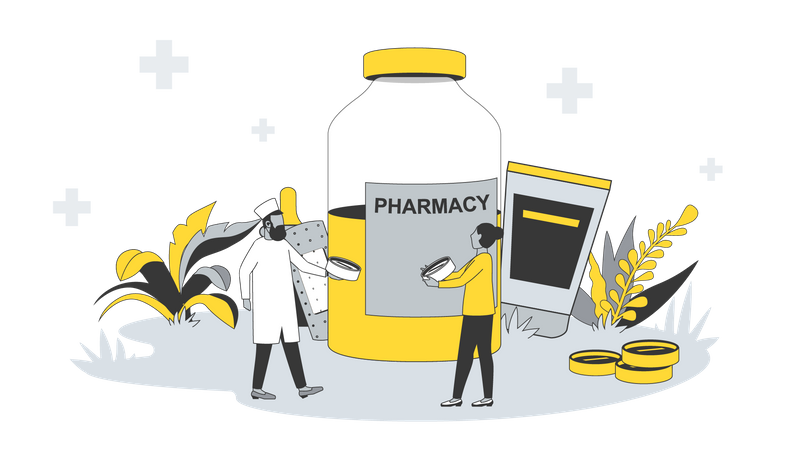 Pharmacist sells medicine to woman  Illustration