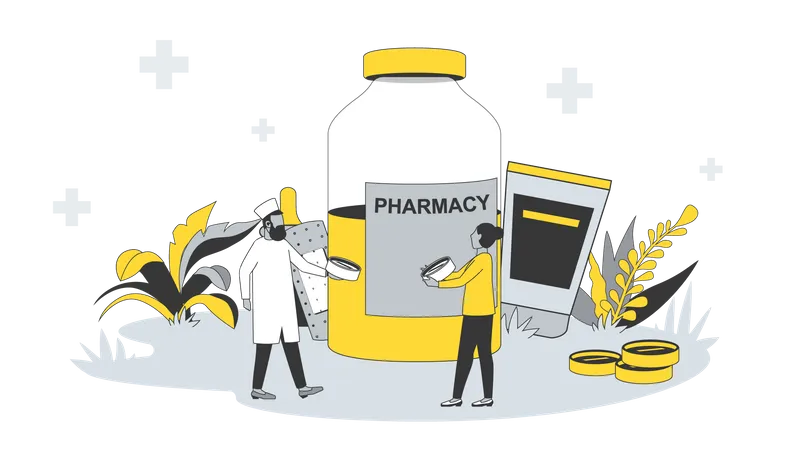 Pharmacist sells medicine to woman  Illustration