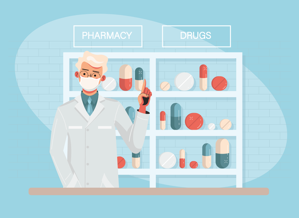 Pharmacist standing with drugs Illustration