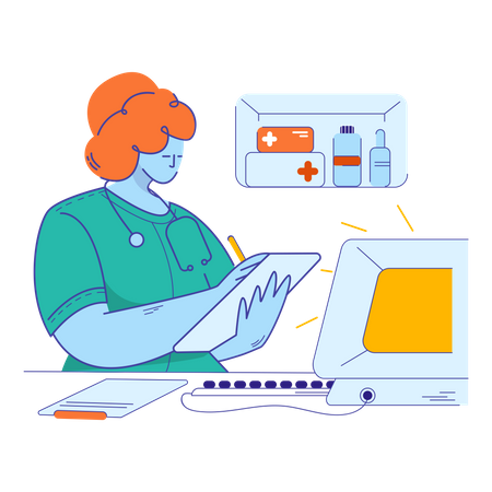 Pharmacists giving medicine according patient report Illustration