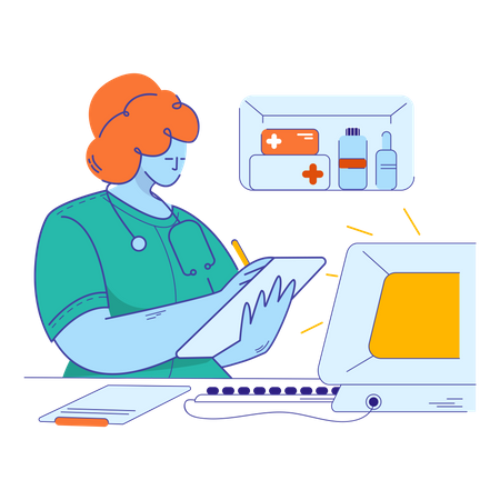 Pharmacists giving medicine according patient report  Illustration