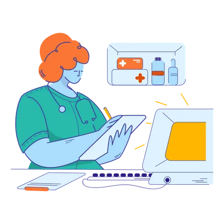 Pharmacists giving medicine according patient report  Illustration