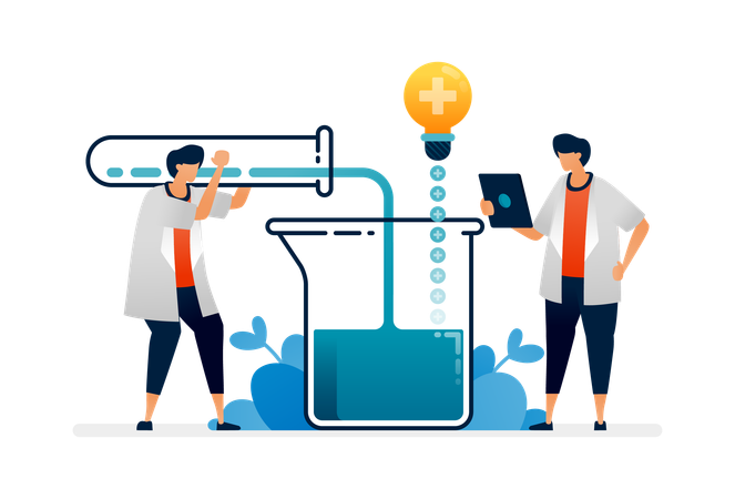 Pharmacy scientists experiment in mixing liquids in chemical tubes to make medicines  Illustration