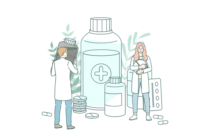 Pharmacy Shop Concept Young People Doctors Pharmacists Working Between Drugs Bottles And Jars And Various Medicaments In Pharmacy Store Vector Illustration Vector Illustration Illustration