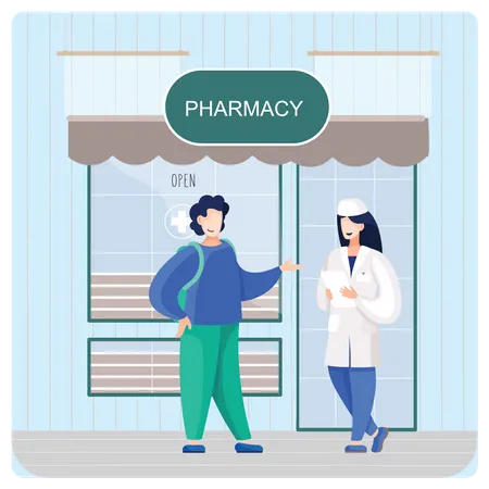 Man talking to pharmacist Illustration