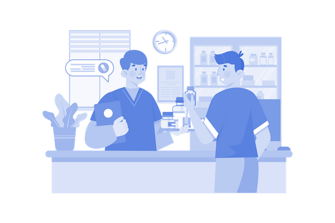 Pharmacy Worker Giving Medicine To Man  Illustration
