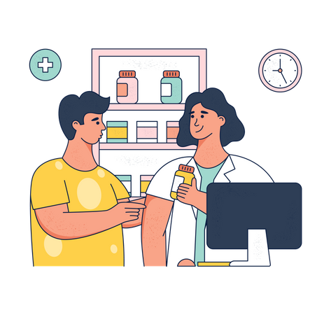 Pharmacy worker giving medicine to man Illustration