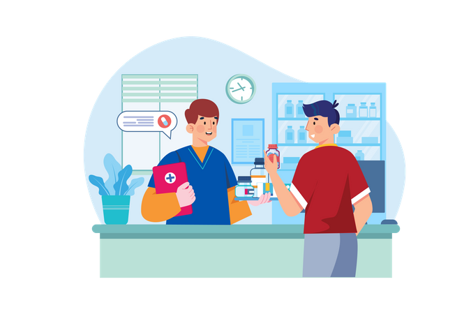 Pharmacy worker giving medicine to man Illustration