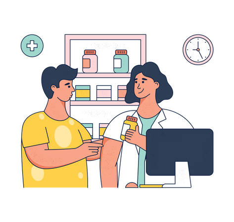 Pharmacy worker giving medicine to man  Illustration