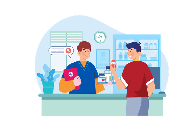 Pharmacy worker giving medicine to man  Illustration