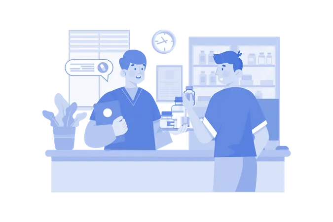 Pharmacy Worker Giving Medicine To Man  Illustration